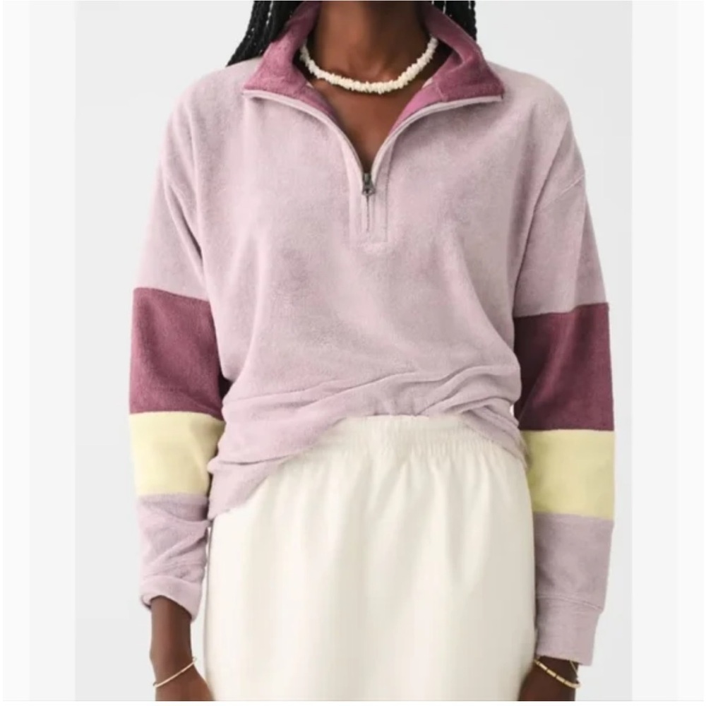Faherty Cabana Terry Cloth Quarter Zip Color Block Sweatshirt Lavender Yellow XS